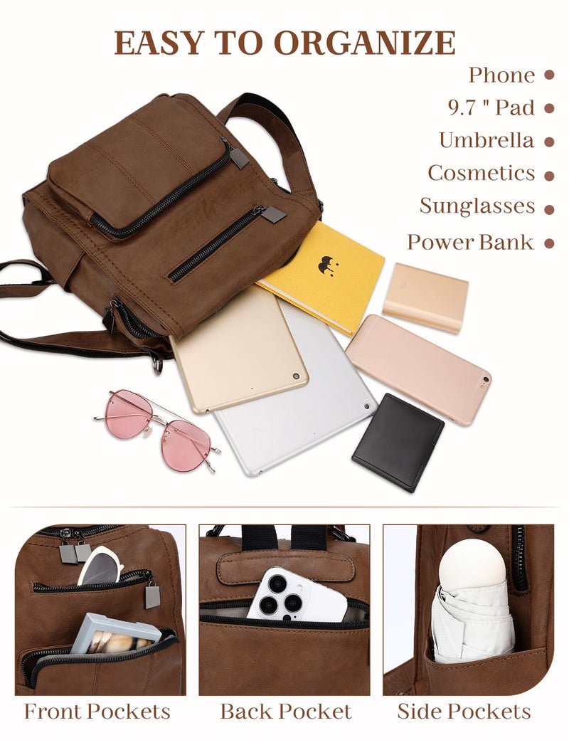 RAVUO Women Backpack Purse, PU Leather Mini Backpack Fashion Shoulder Bag for Ladies Three Ways to Carry (Brown) - Image 4